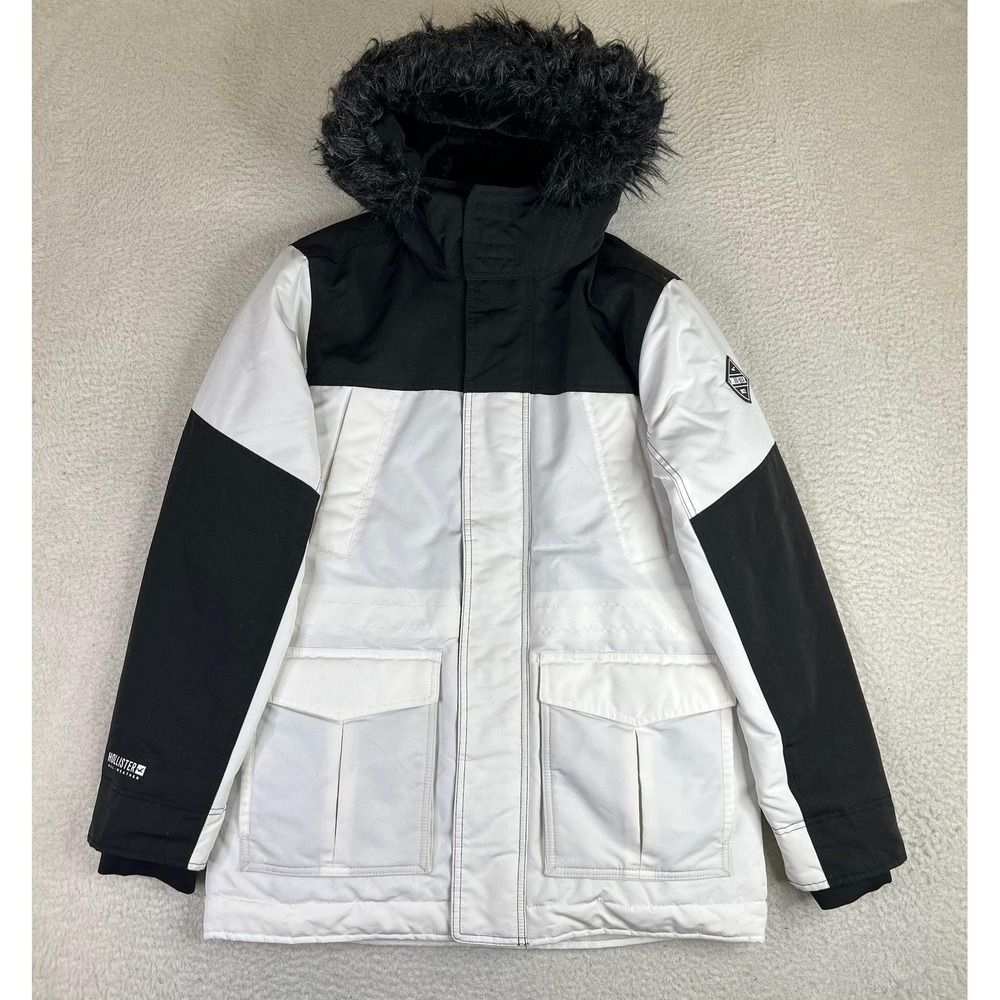 Hollister Mens All-Weather Hooded Parka Ski Jacket White Black Medium